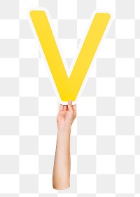 Letter V png hand holding sign, transparent background