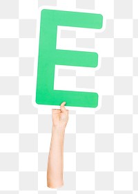 Letter E png hand holding sign, transparent background