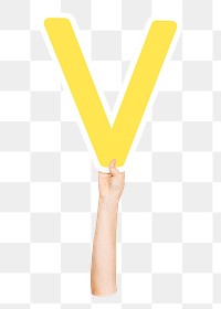 Letter V png hand holding sign, transparent background