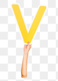 Letter V png hand holding sign, transparent background