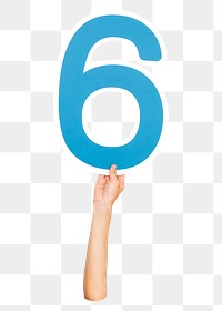 Number 6 png hand holding sign, transparent background