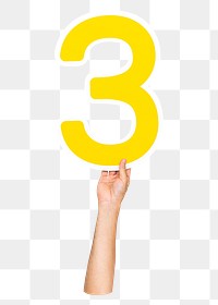 Number 3 png hand holding sign, transparent background