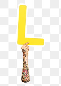 Letter L png hand holding sign, transparent background