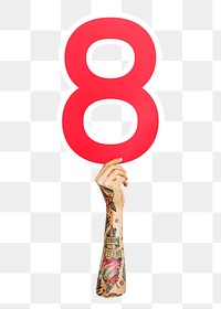 Number 8 png hand holding sign, transparent background