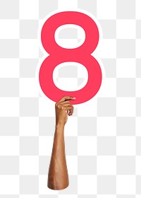 Number eight png hand holding sign, transparent background