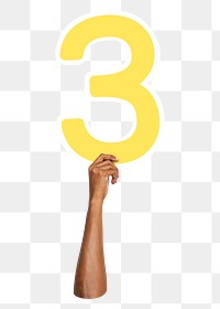 Number three png hand holding sign, transparent background