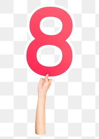 Number 8 png hand holding sign, transparent background