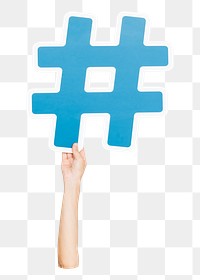 Hashtag symbol png hand holding sign, transparent background