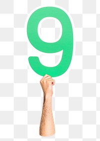 Number 9 png hand holding sign, transparent background