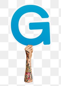 Letter G png hand holding sign, transparent background