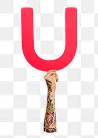 Letter U png hand holding sign, transparent background