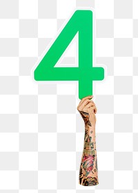 Number 4 png hand holding sign, transparent background