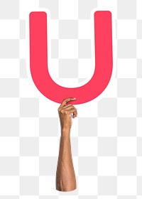 Letter U png hand holding sign, transparent background