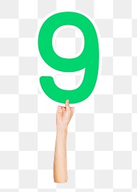 Number nine png hand holding sign, transparent background