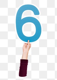 Number 6 png hand holding sign, transparent background