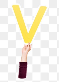 Letter V png hand holding sign, transparent background