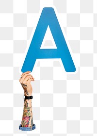 Letter A png hand holding sign, transparent background