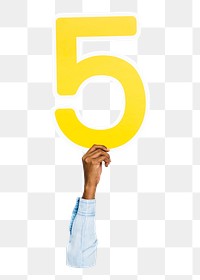 Letter 5 png hand holding sign, transparent background