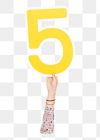 Number 5 png hand holding sign, transparent background