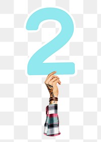 Number two png hand holding sign, transparent background