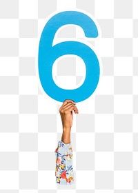 Number six png hand holding sign, transparent background