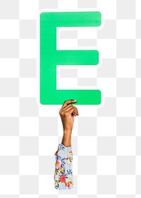 Letter E png hand holding sign, transparent background