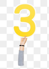 Number three png hand holding sign, transparent background