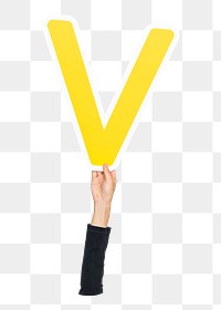 Letter V png hand holding sign, transparent background