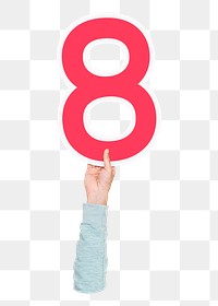 Number eight png hand holding sign, transparent background