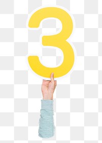 Number three png hand holding sign, transparent background