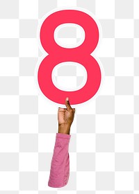 Number eight png hand holding sign, transparent background