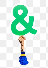 Ampersand png hand holding sign, transparent background