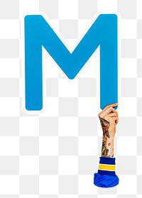 Letter M png hand holding sign, transparent background