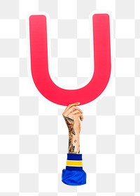 Letter U png hand holding sign, transparent background