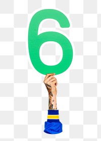 Number six png hand holding sign, transparent background