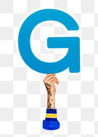 G letter png hand holding sign, transparent background