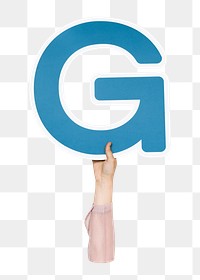 G letter png hand holding sign, transparent background