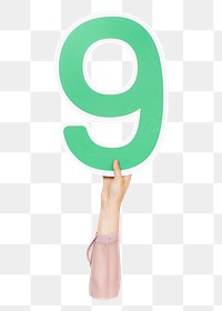 Number nine png hand holding sign, transparent background