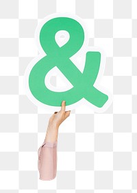 Ampersand png hand holding sign, transparent background