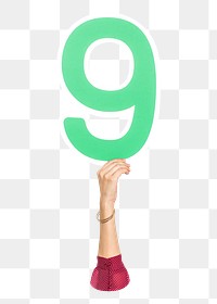 Number nine png hand holding sign, transparent background