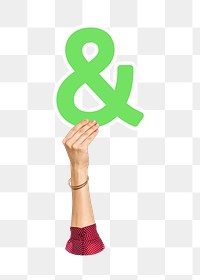 Hand holding  png ampersand sign, transparent background