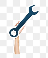 Hand holding png wrench tool sticker, transparent background