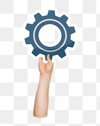 Hand holding png cogwheel sticker, transparent background