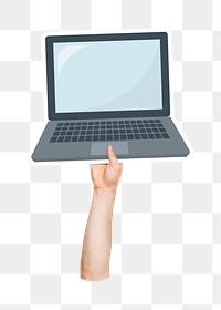 Hand holding png laptop sticker, digital device, transparent background