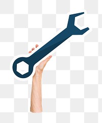 Hand holding png wrench tool sticker, transparent background