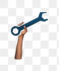 Hand holding png wrench tool sticker, transparent background