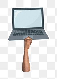 Hand holding png laptop sticker, digital device, transparent background