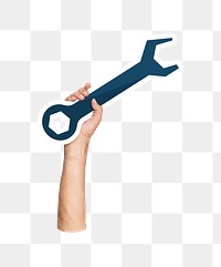 Hand holding png wrench tool sticker, transparent background