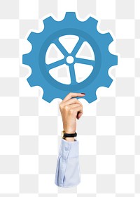 Hand holding png cogwheel sticker, transparent background