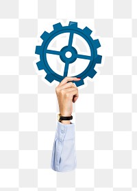 Hand holding png cogwheel sticker, transparent background